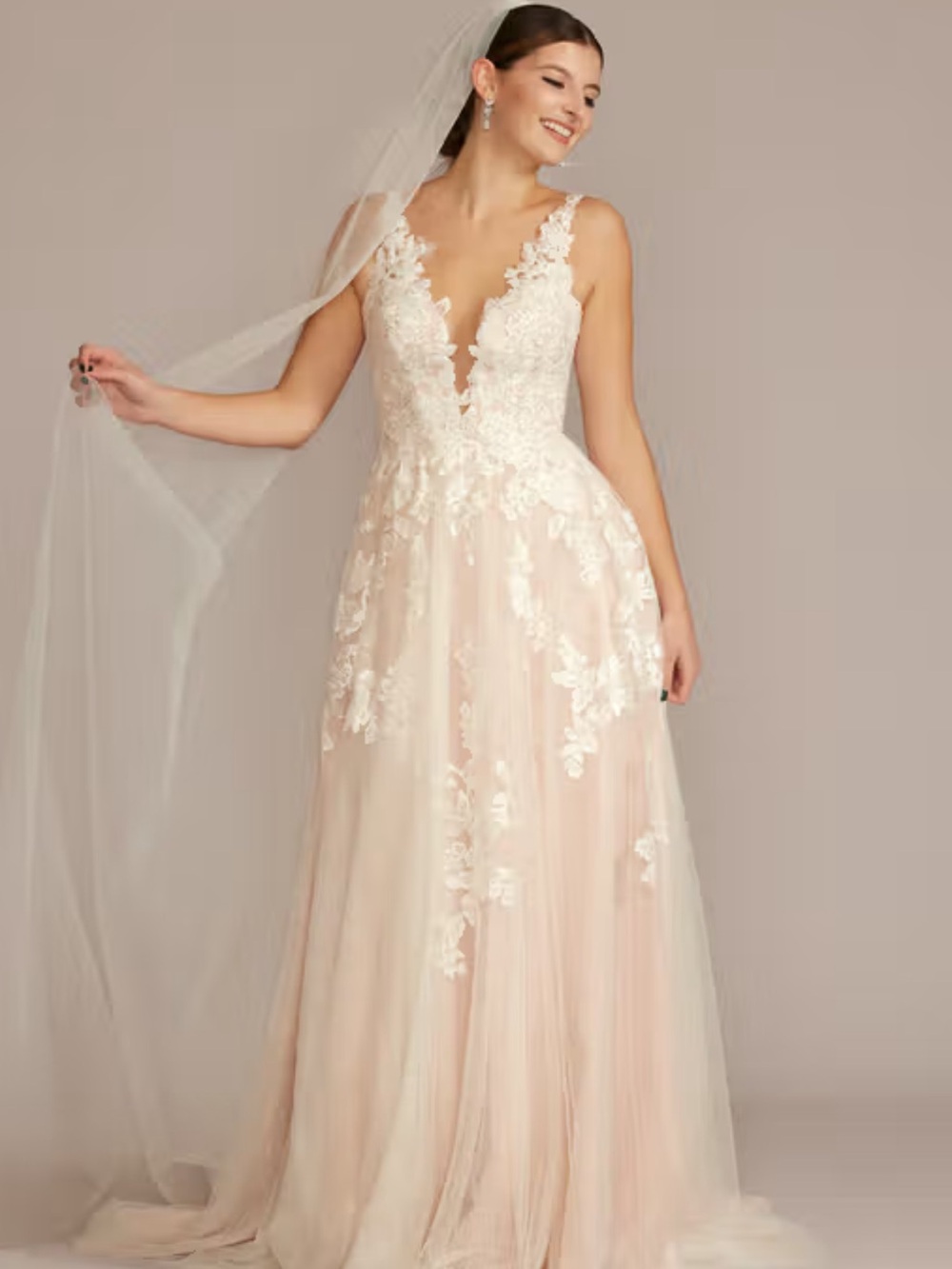 OLEG CASSINI Illusion Plunge V-Neck Lace Wedding Gown Size 22